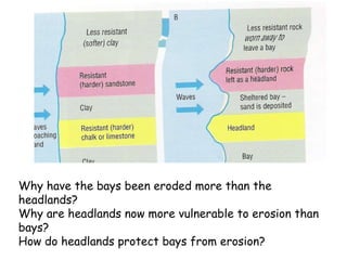 Why have the bays been eroded more than the headlands? Why are headlands now more vulnerable to erosion than bays? How do headlands protect bays from erosion? 