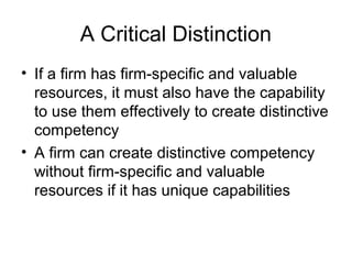 A Critical Distinction 
• If a firm has firm-specific and valuable 
resources, it must also have the capability 
to use them effectively to create distinctive 
competency 
• A firm can create distinctive competency 
without firm-specific and valuable 
resources if it has unique capabilities 
 