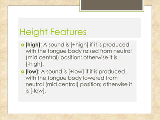 Height Features 
 [high]: A sound is [+high] if it is produced 
with the tongue body raised from neutral 
(mid central) position; otherwise it is 
[-high]. 
 [low]: A sound is [+low] if it is produced 
with the tongue body lowered from 
neutral (mid central) position; otherwise it 
is [-low]. 
 