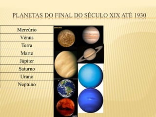PLANETAS DO FINAL DO SÉCULO XIX ATÉ 1930
Mercúrio
Vénus
Terra
Marte
Júpiter
Saturno
Urano
Neptuno
 