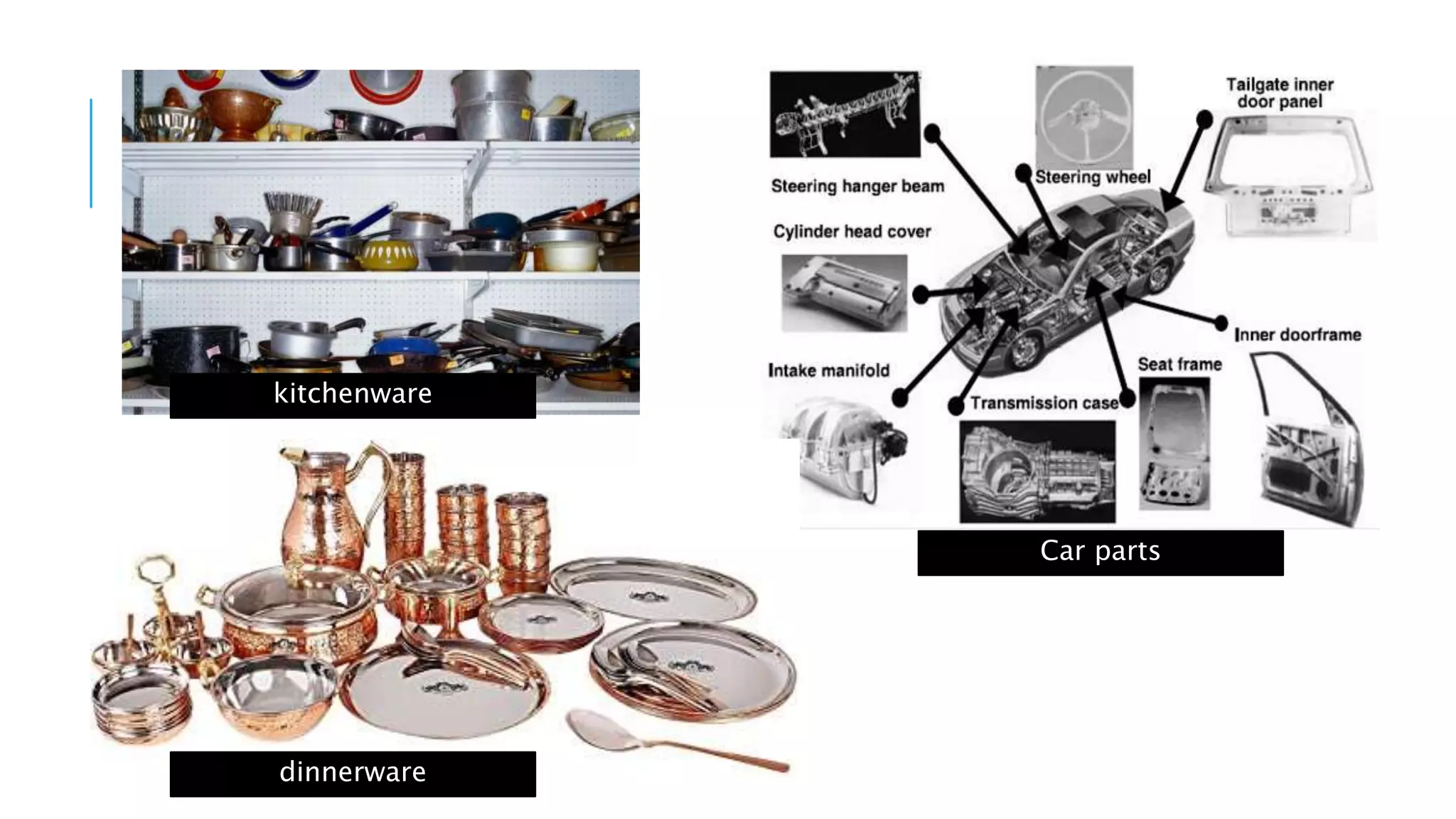 kitchenware
dinnerware
Car parts
 