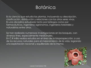 Botánica.
Es la ciencia que estudia las plantas, incluyendo su descripción,
clasificación, distribución y relaciones con los otros seres vivos.
Es una disciplina estudiada tanto por biólogos como por
farmacéuticos, ingenieros agrónomos, ingenieros forestales y
naturalistas entre otros.

Se han realizado numerosas investigaciones en los bosques, con
diversos fines, especialmente medicinales.
En C.R InBio realiza estudios en el área de la bioprospección, o uso
de los recursos naturales para el mejoramiento de la vida, logrando
una explotación racional y equilibrada de la misma.




                      Lauren Camareno 9-8
 