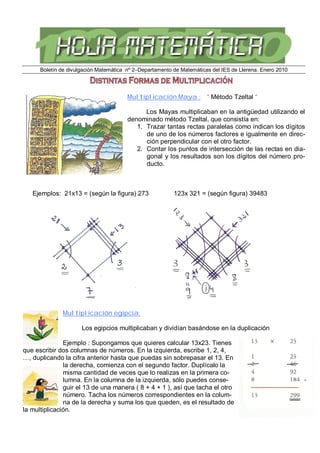 Boletín de divulgación Matemática nº 2–Departamento de Matemáticas del IES de Llerena. Enero 2010
Multiplicación Maya : “ Método Tzeltal “
Los Mayas multiplicaban en la antigüedad utilizando el
denominado método Tzeltal, que consistía en:
1. Trazar tantas rectas paralelas como indican los dígitos
de uno de los números factores e igualmente en direc-
ción perpendicular con el otro factor.
2. Contar los puntos de intersección de las rectas en dia-
gonal y los resultados son los dígitos del número pro-
ducto.
Ejemplos: 21x13 = (según la figura) 273 123x 321 = (según figura) 39483
Multiplicación egipcia:
Los egipcios multiplicaban y dividían basándose en la duplicación
Ejemplo : Supongamos que quieres calcular 13x23. Tienes
que escribir dos columnas de números. En la izquierda, escribe 1, 2, 4,
…, duplicando la cifra anterior hasta que puedas sin sobrepasar el 13. En
la derecha, comienza con el segundo factor. Duplícalo la
misma cantidad de veces que lo realizas en la primera co-
lumna. En la columna de la izquierda, sólo puedes conse-
guir el 13 de una manera ( 8 + 4 + 1 ), así que tacha el otro
número. Tacha los números correspondientes en la colum-
na de la derecha y suma los que queden, es el resultado de
la multiplicación.
 