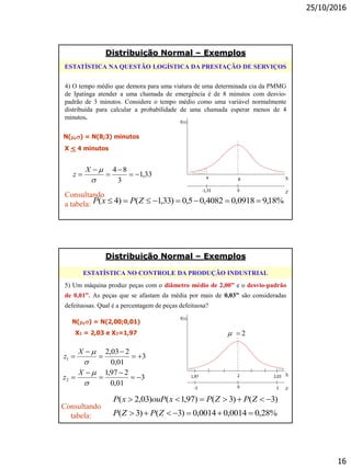 25/10/2016
16
4) O tempo médio que demora para uma viatura de uma determinada cia da PMMG
de Ipatinga atender a uma chamada de emergência é de 8 minutos com desvio-
padrão de 3 minutos. Considere o tempo médio como uma variável normalmente
distribuída para calcular a probabilidade de uma chamada esperar menos de 4
minutos.
ESTATÍSTICA NA QUESTÃO LOGÍSTICA DA PRESTAÇÃO DE SERVIÇOS
%18,90918,04082,05,0)33,1()4(  ZPxP
Consultando
a tabela:
33,1
3
84






X
z
N(,) = N(8;3) minutos
X < 4 minutos
f(x)
X8
0
4
Z-1,33
Distribuição Normal – Exemplos
5) Um máquina produz peças com o diâmetro médio de 2,00” e o desvio-padrão
de 0,01”. As peças que se afastam da média por mais de 0,03” são consideradas
defeituosas. Qual é a percentagem de peças defeituosa?
ESTATÍSTICA NO CONTROLE DA PRODUÇÃO INDUSTRIAL
)3()3()97,1()03,2(  ZPZPxouPxP
3
01,0
203,2
1 





X
z
f(x)
2
X2
0 3 Z
2,031,97
-3
N(,) = N(2,00;0,01)
X1 = 2,03 e X2=1,97
3
01,0
297,1
2 





X
z
Consultando
tabela: %28,00014,00014,0)3()3(  ZPZP
Distribuição Normal – Exemplos
 