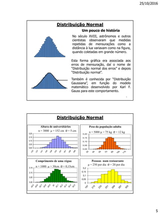 25/10/2016
5
9
Distribuição Normal
Um pouco de história
No século XVIII, astrônomos e outros
cientistas observaram que medidas
repetidas de mensurações como a
distância à lua variavam como na figura,
quando coletadas em grande número.
Esta forma gráfica era associada aos
erros de mensuração, daí o nome de
“Distribuição normal dos erros” e depois
“Distribuição normal”.
Também é conhecida por “Distribuição
Gaussiana”, em função do modelo
matemático desenvolvido por Karl F.
Gauss para este comportamento.
10
Distribuição Normal
0,00
0,05
0,10
0,15
0,20
25
40
55
70
85
100
115
Peso da população adulta
n = 5000 µ = 75 kg σ = 12 kg
0,00
0,05
0,10
0,15
0,20
133
137
141
145
149
153
157
161
165
169
Altura de universitários
n = 3000 µ = 152 cm σ = 5 cm
0,00
0,05
0,10
0,15
29,5
29,6
29,7
29,8
29,9
30
30,1
30,2
30,3
30,4
30,5
Comprimento de uma régua
n = 1000 µ = 30cm σ = 0,15cm
0
0,05
0,1
0,15
0,2
197
215
233
251
269
287
305
Pessoas num restaurante
µ = 250 por dia σ = 20 por dia
 