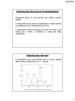 25/10/2016
7
13
Denotamos N(µ,σ) à curva Normal com média e desvio
padrão.
A média refere-se ao centro da distribuição e o desvio padrão
ao espalhamento (ou achatamento) da curva.
A distribuição normal é simétrica em torno da média o que
implica que a média, a mediana e a moda são todas
coincidentes.
Distribuição Normal de Probabilidades
14
O importante é que você entenda como a curva é afetada
pelos valores numéricos de µ e σ => N(µ,σ).
Distribuição Normal
 