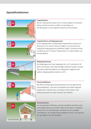 Spezialfunktionen 
Neigungsmessung 
Der Neigungssensor misst Neigungen bis ± 45° und kommt z.B. 
dann zum Einsatz, wenn Dachschrägen bestimmt werden müssen. 
Das Gerät sollte beim Messen von Neigungen möglichst nicht 
seitlich verkippt gehalten werden (± 10°). 
Horizontaldistanz 
Mit Hilfe der Neigungsmessung bestimmen Sie die gewünschte 
Horizontaldistanz, auch wenn das Objekt nicht direkt angezielt 
werden kann. Gerade wenn z.B. Mauern oder Hecken in der 
Zielrichtung stehen ist diese Funktion sehr hilfreich. 
1 
b c 
Trapezfunktion 
Mit der Trapezfunktion lassen sich z.B. Dachschrägen und Fassaden-flächen 
schnell und sicher ermitteln. Sie benötigen nur 
drei Messungen und das Ergebnis erscheint auf dem Display. 1 
2 
3 
Trapezfunktion mit Neigungssensor 
Ist die Zugänglichkeit zum Messobjekt eingeschränkt und kann die 
Messung nur von einem Punkt aus erfolgen, so ist dies dank des 
integrierten Neigungssensors problemlos möglich. Schnell und sicher 
ermitteln Sie auch mit dieser Trapezfunktion z.B. Dachschrägen und 
Fassadenflächen. 
1 
2 
a b c 
Dreieckfunktion 
Die Dreieckfunktion hilft Ihnen, schnell und effizient die Fläche eines 
mehreckigen Raumes zu ermitteln. Teilen Sie den Raum in imaginäre 
Dreiecke. Mit nur drei Messungen bestimmen Sie die jeweiligen 
Dreieckflächen, die Sie gleichzeitig aufaddieren können. Nun brauchen 
Sie das Ergebnis nur noch abzulesen. 
1 
A2 A3 
A1 
3 
2 
A=A1+A2+A3 
 