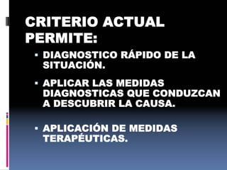 CRITERIO ACTUAL
PERMITE:
 DIAGNOSTICO RÁPIDO DE LA
SITUACIÓN.
 APLICAR LAS MEDIDAS
DIAGNOSTICAS QUE CONDUZCAN
A DESCUBRIR LA CAUSA.
 APLICACIÓN DE MEDIDAS
TERAPÉUTICAS.
 