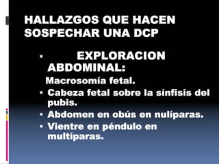 HALLAZGOS QUE HACEN
SOSPECHAR UNA DCP
 EXPLORACION
ABDOMINAL:
Macrosomía fetal.
 Cabeza fetal sobre la sínfisis del
pubis.
 Abdomen en obús en nulíparas.
 Vientre en péndulo en
multíparas.
 