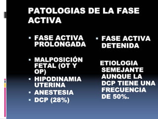 PATOLOGIAS DE LA FASE
ACTIVA
 FASE ACTIVA
PROLONGADA
 MALPOSICIÓN
FETAL (OT Y
OP)
 HIPODINAMIA
UTERINA
 ANESTESIA
 DCP (28%)
 FASE ACTIVA
DETENIDA
ETIOLOGIA
SEMEJANTE
AUNQUE LA
DCP TIENE UNA
FRECUENCIA
DE 50%.
 
