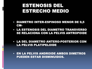 ESTENOSIS DEL
ESTRECHO MEDIO
 DIAMETRO INTER-ESPINOSO MENOR DE 9,5
CM-
 LA ESTENOSIS DEL DIAMETRO TRANSVERSO
SE RELACIONA CON LA PELVIS ANTROPOIDE
 LA DEL DIAMETRO ANTERO-POSTERIOR CON
LA PELVIS PLATIPELOIDE
 EN LA PELVIS ANDROIDE AMBOS DIMETROS
PUEDEN ESTAR DISMINUIDOS.
 
