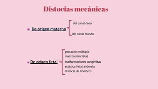 del canal óseo
⦿ De origen materno
del canal blando
gestación múltiple
macrosomía fetal
malformaciones congénitas
estática fetal anómala
distocia de hombros
⦿ De origen fetal
Distocias mecánicas
 