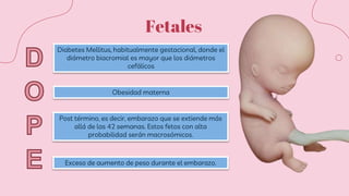 Exceso de aumento de peso durante el embarazo.
Diabetes Mellitus, habitualmente gestacional, donde el
diámetro biacromial es mayor que los diámetros
cefálicos
Obesidad materna
Post término, es decir, embarazo que se extiende más
allá de las 42 semanas. Estos fetos con alta
probabilidad serán macrosómicos.
Fetales
 