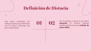 01
Definición de Distocia
Hay varias anomalías del
trabajo de parto que interfieren
con el avance ordenado del
parto espontáneo.
02
Por lo general, a éstas se les llama
distocias. El término distocia
significa de forma literal trabajo de
parto difícil.
 