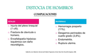 DISTOCIA DE HOMBROS
 Injuria del plexo braquial
(1 c/6).
 Fractura de clavícula o
húmero.
 Encefalopatía hipóxica-
isquémica con daño
neurológico.
 Hemorragia posparto
(11%).
 Desgarros perineales de
cuarto grado (3,8%).
 Endometritis.
 Ruptura uterina.
COMPLICACIONES
Gabbe SG, et al. Obstetrics: Normal and Problem Pregnancies. 3rd ed. New York: Churchill Livingston, 1998.
 