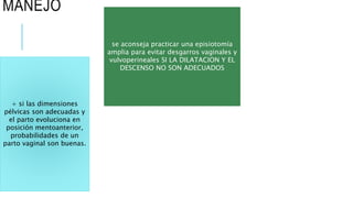 MANEJO
+ si las dimensiones
pélvicas son adecuadas y
el parto evoluciona en
posición mentoanterior,
probabilidades de un
parto vaginal son buenas.
se aconseja practicar una episiotomía
amplia para evitar desgarros vaginales y
vulvoperineales SI LA DILATACION Y EL
DESCENSO NO SON ADECUADOS
 