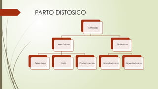 PARTO DISTOSICO
Distocias
Mecánicas
Pelvis ósea Feto Partes bandas
Dinámicas
Hipo dinámicas hiperdinámicas
 