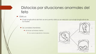 Distocias por situaciones anormales del
feto
 Oblicua
 El eje longitudinal del feto se encuentra oblicuo en relación con el eje longitudinal de
la madre.
 Se considera transitoria
 Al iniciar actividad uterina
 Se vuelve longitudinal o transversa
 