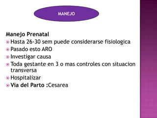 Manejo Prenatal
 Hasta 26-30 sem puede considerarse fisiologica
 Pasado esto ARO
 Investigar causa
 Toda gestante en 3 o mas controles con situacion
transversa
 Hospitalizar
 Via del Parto :Cesarea
MANEJO
 