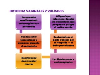 Las grandes
condilomatosis
vulvovaginales o
perineales
Pueden sufrir
laceraciones y
desgarros durante
el nacimiento
Ocasionando
hemorragias
severas
Las fístulas recto o
vesicovaginales
Contraindican el
parto vaginal por
el riesgo de ↑ el
daño preexistente
Al igual que
infecciones locales
de transmisión que
pongan en peligro
al recién nacido.
 