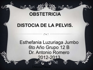 OBSTETRICIA

DISTOCIA DE LA PELVIS.


Esthefania Luzuriaga Jumbo
    6to Año Grupo 12 B
    Dr. Antonio Romero
         2012-2013
     Distocias Pélvicas
 