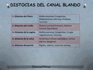 DISTOCIAS DEL CANAL BLANDO

1. Distocias del Útero      Malformaciones Congénitas,
                            Malposiciones Uterinas, Prolapso,
                            Tumores
2.-Distocias del cuello     Distocia Cervical Primaria, Distocia
                            Cervical Secundaria
3.-Distocias de la vagina   Malformaciones Congénitas, Cirugía
                            Vaginal previa, Tumores.
4.-distocias de la vulva    Ginatresia e himen patológico, varices
                            edema, desgarros.
5.-distocias del periné     Rigidez, edema, cicatrices previas




                      Distocias Pélvicas
 