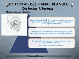 DISTOCIAS DEL CANAL BLANDO.
       Distocias Uterinas
Malposiciones Uterinas:


                      Utero en Retroflexión Si hay adherencias fuertes que no
                        permitan la movilización del fondo uterino ocasionan
                                      aborto y parto pre término.



                      La fijación del fondo uterino al Saco de Douglas, impide
                     que con el progreso de la gestación, se dirigia al abdomen.



                          El crecimiento uterino se hace a expensas de su cara
                                         anterior  Saculación.
                                    La mayoría terminan en cesárea.




                   Distocias Pélvicas
 