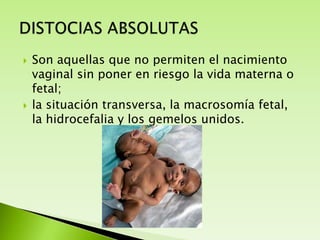 



Son aquellas que no permiten el nacimiento
vaginal sin poner en riesgo la vida materna o
fetal;
la situación transversa, la macrosomía fetal,
la hidrocefalia y los gemelos unidos.

 