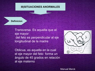 III)SITUACIONES ANORMALES Definicion Transversa. Es aquella que el eje mayor del feto es perpendicular al eje longitudinal de la madre  Oblicua. es aquella en la cual  el eje mayor del feto  forma un  ángulo de 45 grados en relación  al eje materno Manual Merck 