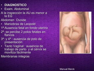 DIAGNOSTICO Exam. Abdominal A la inspección la AU es menor a la EG Abdomen  Ovoide  Maniobras de Leopold  1ª:Ausencia fetal en fondo uterino  2ª: se percibe 2 polos fetales en flancos 3ª: y 4ª : ausencia de polo de presentación  Tacto Vaginal : ausencia de trabajo de parto  y el cérvix se moviliza fácilmente  Membranas integras  Manual Merck 