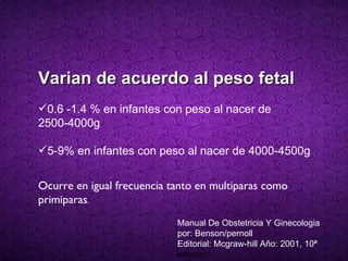 Varian de acuerdo al peso fetal 0.6 -1.4 % en infantes con peso al nacer de 2500-4000g 5-9% en infantes con peso al nacer de 4000-4500g Ocurre en igual frecuencia tanto en multiparas como primiparas . Manual De Obstetricia Y Ginecologia por: Benson/pernoll Editorial: Mcgraw-hill Año: 2001, 10ª  edición) 