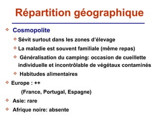 Répartition géographique
   Cosmopolite
     Sévit   surtout dans les zones d’élevage
     La   maladie est souvent familiale (même repas)
        Généralisation du camping: occasion de cueillette
        individuelle et incontrôlable de végétaux contaminés
       Habitudes alimentaires
   Europe : ++
         (France, Portugal, Espagne)
   Asie: rare
   Afrique noire: absente
 