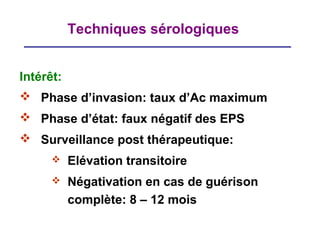 Techniques sérologiques


Intérêt:
 Phase d’invasion: taux d’Ac maximum
 Phase d’état: faux négatif des EPS
 Surveillance post thérapeutique:
          Elévation transitoire
          Négativation en cas de guérison
           complète: 8 – 12 mois
 