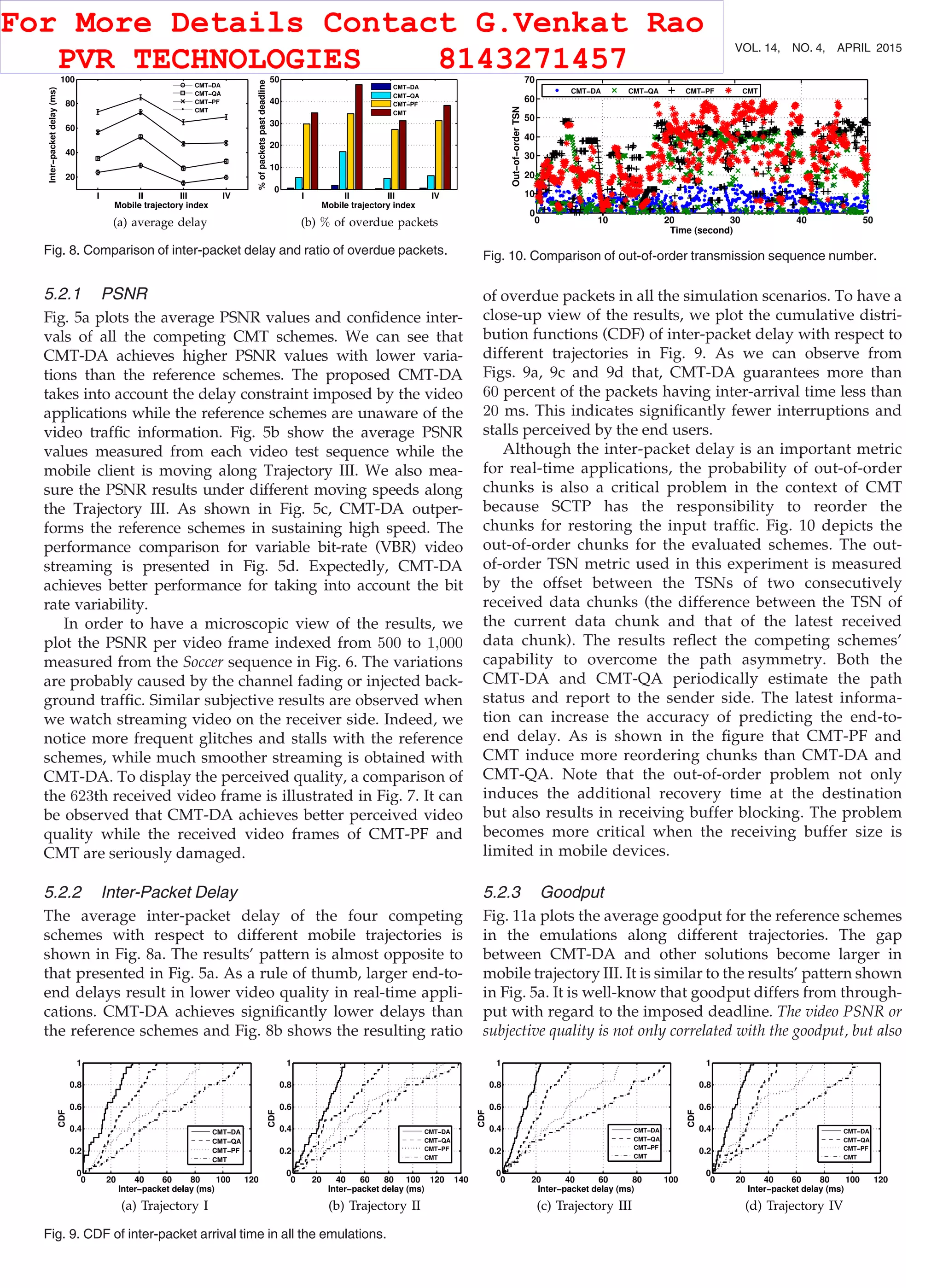 5.2.1 PSNR
Fig. 5a plots the average PSNR values and conﬁdence inter-
vals of all the competing CMT schemes. We can see that
CMT-DA achieves higher PSNR values with lower varia-
tions than the reference schemes. The proposed CMT-DA
takes into account the delay constraint imposed by the video
applications while the reference schemes are unaware of the
video trafﬁc information. Fig. 5b show the average PSNR
values measured from each video test sequence while the
mobile client is moving along Trajectory III. We also mea-
sure the PSNR results under different moving speeds along
the Trajectory III. As shown in Fig. 5c, CMT-DA outper-
forms the reference schemes in sustaining high speed. The
performance comparison for variable bit-rate (VBR) video
streaming is presented in Fig. 5d. Expectedly, CMT-DA
achieves better performance for taking into account the bit
rate variability.
In order to have a microscopic view of the results, we
plot the PSNR per video frame indexed from 500 to 1;000
measured from the Soccer sequence in Fig. 6. The variations
are probably caused by the channel fading or injected back-
ground trafﬁc. Similar subjective results are observed when
we watch streaming video on the receiver side. Indeed, we
notice more frequent glitches and stalls with the reference
schemes, while much smoother streaming is obtained with
CMT-DA. To display the perceived quality, a comparison of
the 623th received video frame is illustrated in Fig. 7. It can
be observed that CMT-DA achieves better perceived video
quality while the received video frames of CMT-PF and
CMT are seriously damaged.
5.2.2 Inter-Packet Delay
The average inter-packet delay of the four competing
schemes with respect to different mobile trajectories is
shown in Fig. 8a. The results’ pattern is almost opposite to
that presented in Fig. 5a. As a rule of thumb, larger end-to-
end delays result in lower video quality in real-time appli-
cations. CMT-DA achieves signiﬁcantly lower delays than
the reference schemes and Fig. 8b shows the resulting ratio
of overdue packets in all the simulation scenarios. To have a
close-up view of the results, we plot the cumulative distri-
bution functions (CDF) of inter-packet delay with respect to
different trajectories in Fig. 9. As we can observe from
Figs. 9a, 9c and 9d that, CMT-DA guarantees more than
60 percent of the packets having inter-arrival time less than
20 ms. This indicates signiﬁcantly fewer interruptions and
stalls perceived by the end users.
Although the inter-packet delay is an important metric
for real-time applications, the probability of out-of-order
chunks is also a critical problem in the context of CMT
because SCTP has the responsibility to reorder the
chunks for restoring the input trafﬁc. Fig. 10 depicts the
out-of-order chunks for the evaluated schemes. The out-
of-order TSN metric used in this experiment is measured
by the offset between the TSNs of two consecutively
received data chunks (the difference between the TSN of
the current data chunk and that of the latest received
data chunk). The results reﬂect the competing schemes’
capability to overcome the path asymmetry. Both the
CMT-DA and CMT-QA periodically estimate the path
status and report to the sender side. The latest informa-
tion can increase the accuracy of predicting the end-to-
end delay. As is shown in the ﬁgure that CMT-PF and
CMT induce more reordering chunks than CMT-DA and
CMT-QA. Note that the out-of-order problem not only
induces the additional recovery time at the destination
but also results in receiving buffer blocking. The problem
becomes more critical when the receiving buffer size is
limited in mobile devices.
5.2.3 Goodput
Fig. 11a plots the average goodput for the reference schemes
in the emulations along different trajectories. The gap
between CMT-DA and other solutions become larger in
mobile trajectory III. It is similar to the results’ pattern shown
in Fig. 5a. It is well-know that goodput differs from through-
put with regard to the imposed deadline. The video PSNR or
subjective quality is not only correlated with the goodput, but also
Fig. 8. Comparison of inter-packet delay and ratio of overdue packets.
Fig. 9. CDF of inter-packet arrival time in all the emulations.
Fig. 10. Comparison of out-of-order transmission sequence number.
698 IEEE TRANSACTIONS ON MOBILE COMPUTING, VOL. 14, NO. 4, APRIL 2015
For More Details Contact G.Venkat Rao
PVR TECHNOLOGIES 8143271457
 