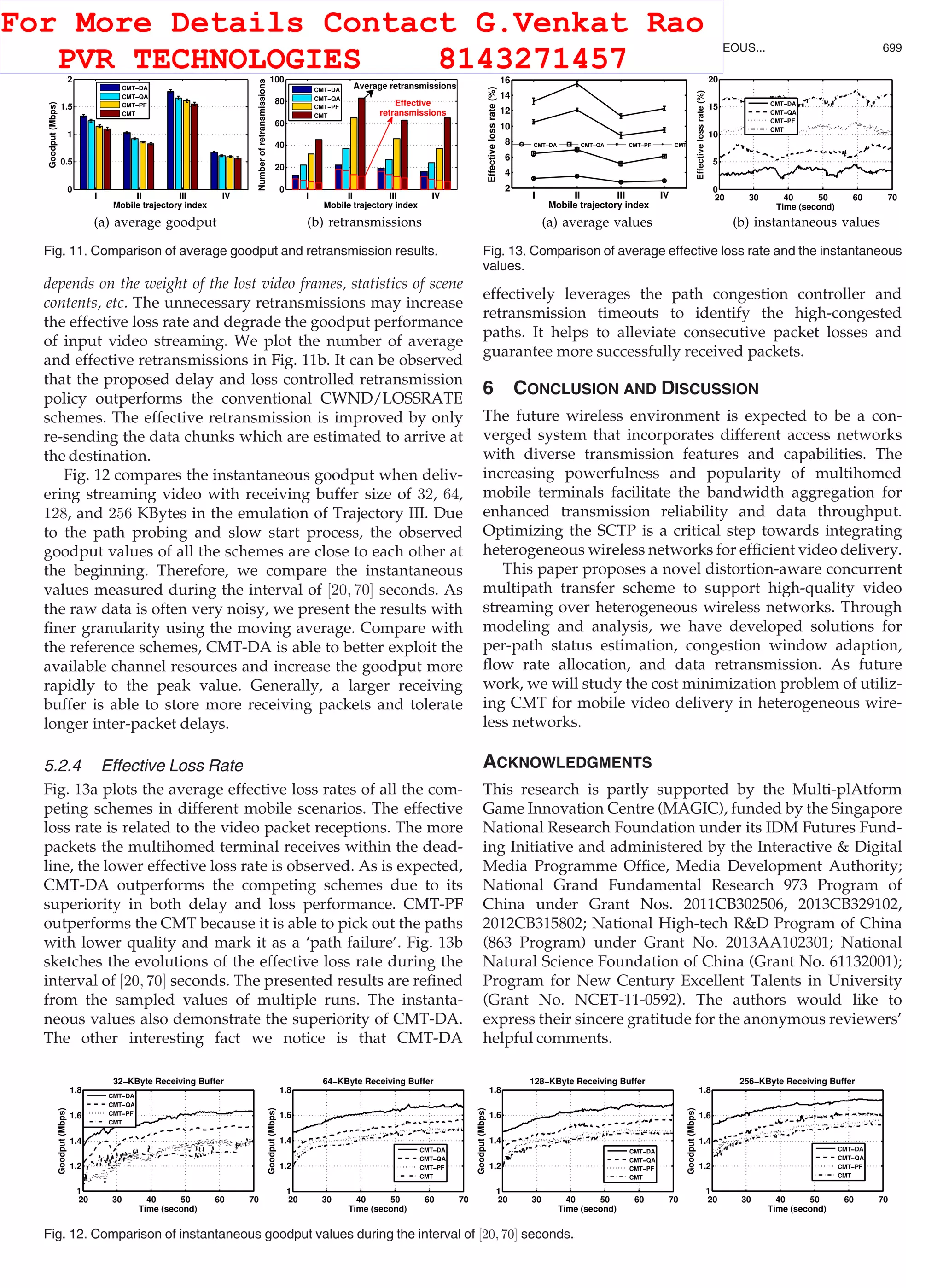 depends on the weight of the lost video frames, statistics of scene
contents, etc. The unnecessary retransmissions may increase
the effective loss rate and degrade the goodput performance
of input video streaming. We plot the number of average
and effective retransmissions in Fig. 11b. It can be observed
that the proposed delay and loss controlled retransmission
policy outperforms the conventional CWND/LOSSRATE
schemes. The effective retransmission is improved by only
re-sending the data chunks which are estimated to arrive at
the destination.
Fig. 12 compares the instantaneous goodput when deliv-
ering streaming video with receiving buffer size of 32, 64,
128, and 256 KBytes in the emulation of Trajectory III. Due
to the path probing and slow start process, the observed
goodput values of all the schemes are close to each other at
the beginning. Therefore, we compare the instantaneous
values measured during the interval of ½20; 70Š seconds. As
the raw data is often very noisy, we present the results with
ﬁner granularity using the moving average. Compare with
the reference schemes, CMT-DA is able to better exploit the
available channel resources and increase the goodput more
rapidly to the peak value. Generally, a larger receiving
buffer is able to store more receiving packets and tolerate
longer inter-packet delays.
5.2.4 Effective Loss Rate
Fig. 13a plots the average effective loss rates of all the com-
peting schemes in different mobile scenarios. The effective
loss rate is related to the video packet receptions. The more
packets the multihomed terminal receives within the dead-
line, the lower effective loss rate is observed. As is expected,
CMT-DA outperforms the competing schemes due to its
superiority in both delay and loss performance. CMT-PF
outperforms the CMT because it is able to pick out the paths
with lower quality and mark it as a ‘path failure’. Fig. 13b
sketches the evolutions of the effective loss rate during the
interval of ½20; 70Š seconds. The presented results are reﬁned
from the sampled values of multiple runs. The instanta-
neous values also demonstrate the superiority of CMT-DA.
The other interesting fact we notice is that CMT-DA
effectively leverages the path congestion controller and
retransmission timeouts to identify the high-congested
paths. It helps to alleviate consecutive packet losses and
guarantee more successfully received packets.
6 CONCLUSION AND DISCUSSION
The future wireless environment is expected to be a con-
verged system that incorporates different access networks
with diverse transmission features and capabilities. The
increasing powerfulness and popularity of multihomed
mobile terminals facilitate the bandwidth aggregation for
enhanced transmission reliability and data throughput.
Optimizing the SCTP is a critical step towards integrating
heterogeneous wireless networks for efﬁcient video delivery.
This paper proposes a novel distortion-aware concurrent
multipath transfer scheme to support high-quality video
streaming over heterogeneous wireless networks. Through
modeling and analysis, we have developed solutions for
per-path status estimation, congestion window adaption,
ﬂow rate allocation, and data retransmission. As future
work, we will study the cost minimization problem of utiliz-
ing CMT for mobile video delivery in heterogeneous wire-
less networks.
ACKNOWLEDGMENTS
This research is partly supported by the Multi-plAtform
Game Innovation Centre (MAGIC), funded by the Singapore
National Research Foundation under its IDM Futures Fund-
ing Initiative and administered by the Interactive  Digital
Media Programme Ofﬁce, Media Development Authority;
National Grand Fundamental Research 973 Program of
China under Grant Nos. 2011CB302506, 2013CB329102,
2012CB315802; National High-tech RD Program of China
(863 Program) under Grant No. 2013AA102301; National
Natural Science Foundation of China (Grant No. 61132001);
Program for New Century Excellent Talents in University
(Grant No. NCET-11-0592). The authors would like to
express their sincere gratitude for the anonymous reviewers’
helpful comments.
Fig. 11. Comparison of average goodput and retransmission results.
Fig. 12. Comparison of instantaneous goodput values during the interval of ½20; 70Š seconds.
Fig. 13. Comparison of average effective loss rate and the instantaneous
values.
WU ET AL.: DISTORTION-AWARE CONCURRENT MULTIPATH TRANSFER FOR MOBILE VIDEO STREAMING IN HETEROGENEOUS... 699
For More Details Contact G.Venkat Rao
PVR TECHNOLOGIES 8143271457
 