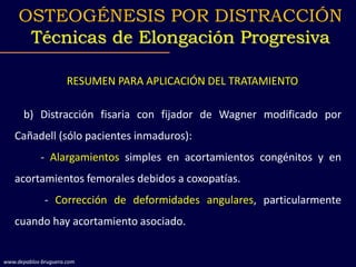 RESUMEN PARA APLICACIÓN DEL TRATAMIENTO
b) Distracción fisaria con fijador de Wagner modificado por
Cañadell (sólo pacientes inmaduros):
- Alargamientos simples en acortamientos congénitos y en
acortamientos femorales debidos a coxopatías.
- Corrección de deformidades angulares, particularmente
cuando hay acortamiento asociado.
OSTEOGÉNESIS POR DISTRACCIÓN
Técnicas de Elongación Progresiva
www.depablos-bruguera.com
 