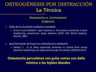 Osteotomía vs. Corticotomía
Evidencia
• Daño de la circulación endóstica inevitable
– Arrien A and Cañadell J. open osteomy vs. Percutaneus osteotomy in bone
lengthening; comprensive study; abstracts SICOT, IVth World Congress,
Munich, 1987.
• Igual formación de hueso en corticotomía y ostetomía
– Delloye C. et al, Bone regenerate formation in cortical bone during
distration lengthening. An experimental study, Clin Orthop 1990;250:34-42.
Osteotomía percutánea con guías romas con daño
mínimo a los tejidos blandos
OSTEOGÉNESIS POR DISTRACCIÓN
La Técnica
 