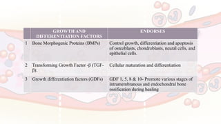 GROWTH AND
DIFFERENTIATION FACTORS
ENDORSES
1 Bone Morphogenic Proteins (BMPs) Control growth, differentiation and apoptosis
of osteoblasts, chondroblasts, neural cells, and
epithelial cells.
2 Transforming Growth Factor -β (TGF-
β):
Cellular maturation and differentiation
3 Growth differentiation factors (GDFs) GDF 1, 5, 8 & 10- Promote various stages of
intramembranous and endochondral bone
ossification during healing
 