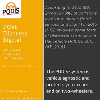 POst
DIstress
Signal
White label
Cloud based
eCall Compliant
Automatic Crash Notification
http://www.podis.uk
contact: info (at) podis (dot) uk
The PODIS system is
vehicle agnostic and
protects you in cars
and on two-wheelers.
According to STATS19,
2,946 (or 3%) of collisions
involving injuries (fatal,
serious and slight) in 2015
in GB involved some form
of distraction from within
the vehicle (RRCGB 2015,
DfT, 2016)
 