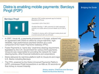 Distra is enabling mobile payments: Barclays
    Pingit (P2P)
                                                  •Barclay’s P2P mobile payments app for Android,
                                                  Blackberry & iPhone

                                                  •Launched in UK in Feb 2012

                                                  •Enables Barclays 11.9M customers to make payments
                                                  instantly via mobile without account details (up to £300 a
                                                  day)

                                                  •Transfers to anyone with a UK-based mobile phone and
                                                  a current account with any UK bank

•      In 2007, VocaLink, a payments processors in Europe, entered into
       an agreement with Distra to utilize its unique real-time, high-                               "Barclays' Pingit could
                                                                                                     revolutionize the way
       reliability, high performance payment solution as a core                                      people send and
       component of its Faster Payments Gateway (FPG)                                                receive money. …it is
                                                                                                     free, quick, convenient,
•      Faster Payments is “same day” (real-time) clearing requirement,                               secure, and easy to
       legislated by the U.K. Government for various ACH payments.                                   use. You can send and
       VocaLink was responsible for providing the network for major                                  receive money in
       clearing banks, other financial institutions and corporations                                 seconds without having
                                                                                                     to enter account
•      Distra delivered its real-time platform both to VocaLink and major                            details. I'm sure we'll
                                                                                                     soon be wondering
       U.K. Banks including Barclays                                                                 what we did before it."
•      The FPG, powered by the Distra Universal Payments Platform
       (UPP), processes PingIt transactions in as little as 30 seconds so
       that money is moved instantly
                                                                    Antony Jenkins, Chief Executive Barclays
    © 2011 Distra Pty Ltd. All rights reserved.                     Retail and Business Banking                                 11
 