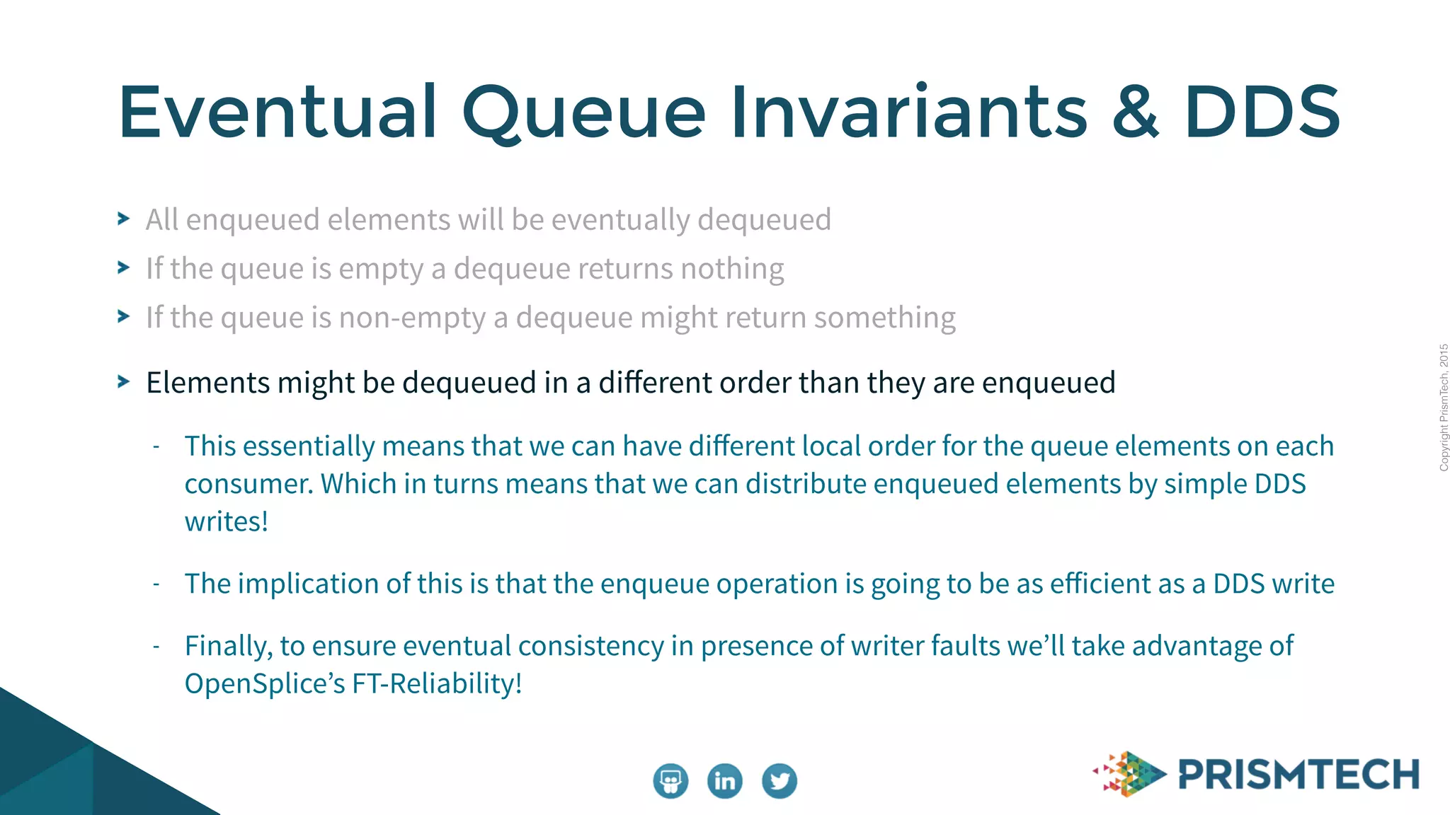 CopyrightPrismTech,2015
All enqueued elements will be eventually dequeued
If the queue is empty a dequeue returns nothing
If the queue is non-empty a dequeue might return something
Elements might be dequeued in a diﬀerent order than they are enqueued
- This essentially means that we can have diﬀerent local order for the queue elements on each
consumer. Which in turns means that we can distribute enqueued elements by simple DDS
writes!
- The implication of this is that the enqueue operation is going to be as eﬀicient as a DDS write
- Finally, to ensure eventual consistency in presence of writer faults we’ll take advantage of
OpenSplice’s FT-Reliability!
Eventual Queue Invariants & DDS
 