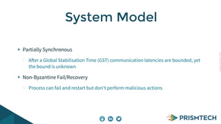 CopyrightPrismTech,2015
Partially Synchronous
- After a Global Stabilisation Time (GST) communication latencies are bounded, yet
the bound is unknown
Non-Byzantine Fail/Recovery
- Process can fail and restart but don’t perform malicious actions
System Model
 