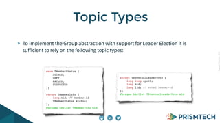CopyrightPrismTech,2015
To implement the Group abstraction with support for Leader Election it is
suﬀicient to rely on the following topic types:
Topic Types
enum TMemberStatus {
JOINED,
LEFT,
FAILED,
SUSPECTED
};
struct TMemberInfo {
long mid; // member-id
TMemberStatus status;
};
#pragma keylist TMemberInfo mid
struct TEventualLeaderVote {
long long epoch;
long mid;
long lid; // voted leader-id
};
#pragma keylist TEventualLeaderVote mid
 