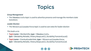 CopyrightPrismTech,2015
Group Management
The TMemberInfo topic is used to advertise presence and manage the members state
transitions
Leader Election
The TEventualLeaderVote topic is used to cast votes for leader election
This leads us to:
Topic(name = MemberInfo, type = TMemberInfo,
QoS = {Reliability.Reliable, History.KeepLast(1), Durability.TransientLocal})
Topic(name = EventualLeaderVote, type = TEventualLeaderVote,
QoS = {Reliability.Reliable, History.KeepLast(1), Durability.TransientLocal}
Topics
 