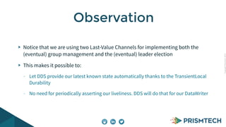 CopyrightPrismTech,2015
Notice that we are using two Last-Value Channels for implementing both the
(eventual) group management and the (eventual) leader election
This makes it possible to:
- Let DDS provide our latest known state automatically thanks to the TransientLocal
Durability
- No need for periodically asserting our liveliness. DDS will do that for our DataWriter
Observation
 