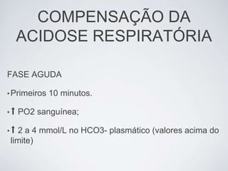 COMPENSAÇÃO DA
     ACIDOSE RESPIRATÓRIA

FASE AGUDA

• Primeiros   10 minutos.

•⬆   PO2 sanguínea;

•⬆2 a 4 mmol/L no HCO3- plasmático (valores acima do
limite)
 