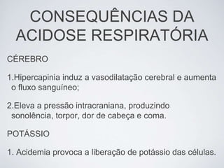 CONSEQUÊNCIAS DA
  ACIDOSE RESPIRATÓRIA
CÉREBRO

1.Hipercapinia induz a vasodilatação cerebral e aumenta
 o fluxo sanguíneo;

2.Eleva a pressão intracraniana, produzindo
 sonolência, torpor, dor de cabeça e coma.

POTÁSSIO

1. Acidemia provoca a liberação de potássio das células.
 