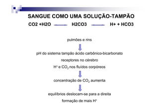 SANGUE COMO UMA SOLUÇÃO-TAMPÃO
CO2 +H2O              H2CO3                  H+ + HCO3


                   pulmões e rins


  pH do sistema tampão ácido carbônico-bicarbonato
               receptores no cérebro
           H+ e CO2 nos fluídos corpóreos


           concentração de CO2 aumenta


        equilíbrios deslocam-se para a direita
                formação de mais H+
 
