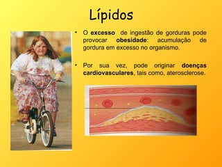 Lípidos
• O excesso de ingestão de gorduras pode
  provocar obesidade: acumulação de
  gordura em excesso no organismo.

• Por sua vez, pode originar doenças
  cardiovasculares, tais como, aterosclerose.
 