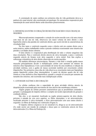 A constatação de sopro cardíaco nos primeiros dias de vida geralmente deve-se a
patência do canal arterial, não constituindo em patologia. Os mecanismos responsáveis pela
manutenção do canal arterial aberto serão discutidos posteriormente.



4. DIFERENÇAS ENTRE O CORAÇÃO DO RECÉM-NASCIDO E DAS CRIANÇAS
MAIORES

        Macroscopicamente comparando o coração do recém-nascido com o de uma criança
com mais de um ano de vida, observa-se um maior volume do átrio direito e uma
hipertrofia relativa das paredes do ventrículo direito, que ocorre devido às características da
circulação fetal.
        No feto tanto o ventrículo esquerdo como o direito está em contato direto com a
aorta torácica, ambos trabalhando contra a pressão sistêmica ocasionando uma simetria das
paredes e cavidades destas câmaras.
        O átrio direito é o responsável pela distribuição de todo o volume sanguíneo das
duas circulações. Para o ventrículo direito através da valva tricúspide, e para o ventrículo
esquerdo através do forame oval, átrio esquerdo e valva mitral. Este fato explica a
sobrecarga volumétrica do átrio direito observada em recém-nascidos.
        Há também diferenças microscópicas. Durante a vida fetal o coração ganha massa
muscular principalmente devido à multiplicação celular com aumento do número de
miócitos (fase hiperplásica). Com a proximidade do termo há uma tendência à redução da
atividade mitótica, com o ganho de massa ocorrendo também por crescimento celular
(hipertrofia). Nos primeiros cinco dias de vida observa-se crescimento tanto por hiperplasia
quanto hipertrofia celular (fase intermediária). A partir do décimo quarto dia de vida
instala-se a fase definitiva (fase hipertrófica), quando o coração só crescerá por aumento do
tamanho dos miócitos, não ocorrendo mais multiplicação celular.

5. ATIVIDADE ELÉTRICA DO CORAÇÃO

        As células cardíacas têm a capacidade de gerar atividade elétrica através da
despolarização ocasionada pelo movimento de íons através das membranas celulares.
        Alguns grupos de células possuem características que as possibilitam comandar a
geração e a propagação do impulso elétrico e compõe um tecido especializado de geração e
condução elétrica.
        São eles: o nó sinoatrial, localizado na região póstero-superior do átrio direito,
próximo à entrada da veia cava superior, as fibras internodais, o nó atrioventricular,
localizado próximo à valva tricúspide, o feixe atrioventricular com seus ramos direito e
esquerdo e as fibras de Purkinje nos ventrículos (Figura 3).
        O impulso elétrico origina-se no nó sinoatrial (1), dirige-se ao nó atrioventricular
(2), onde ocorre um retardo de condução e desce para os ventrículos através do feixe
átrioventricular (3) e fibras de Purkinje (4).
 